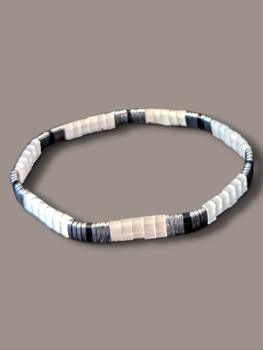 Stackable Black, White, Silver Tila Glass Beaded Stretch Bracelet 6.5"